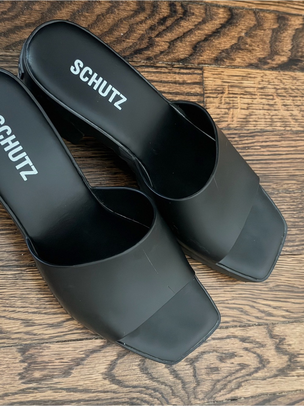 SCHUTZ Black Minimal Square-Toe Slide Mules